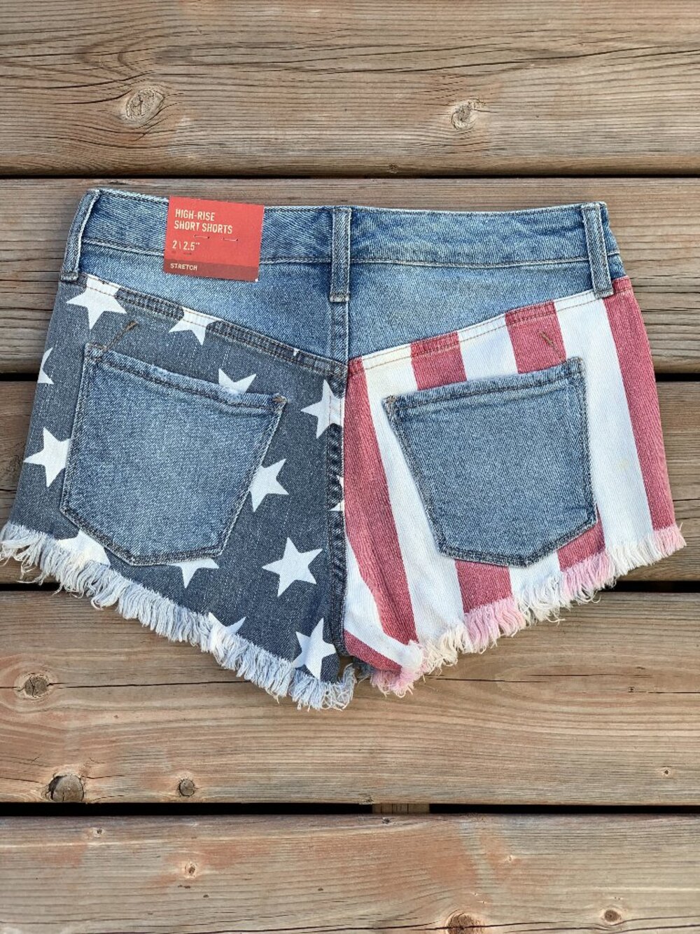 Mossimo Supply High Rise Jean Shorts 26 Distressed USA Flag Denim Festival Boho